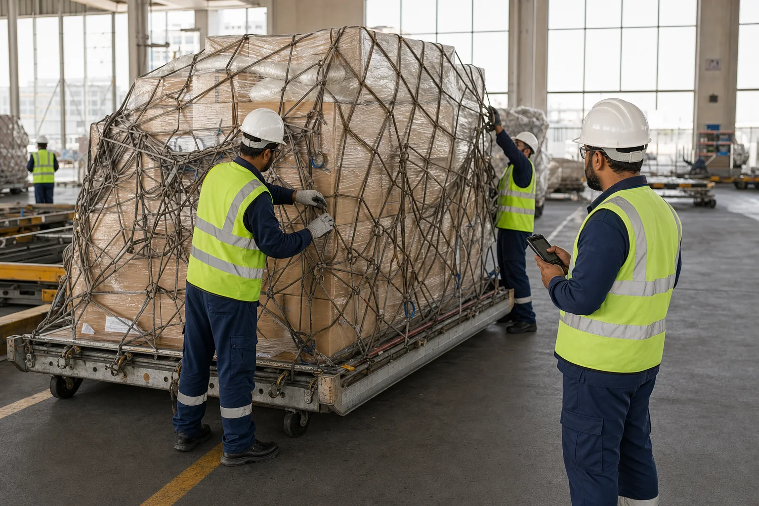Air cargo team securing a ULD pallet inside a cargo terminal
