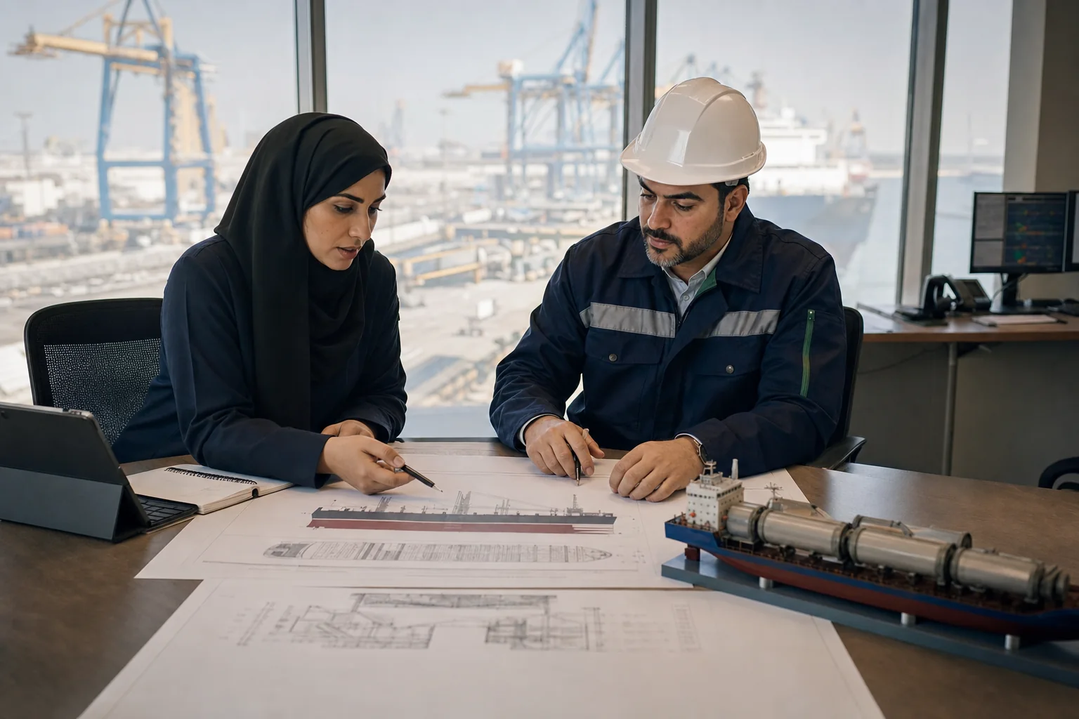 Chartering and cargo specialists reviewing vessel and stowage plans