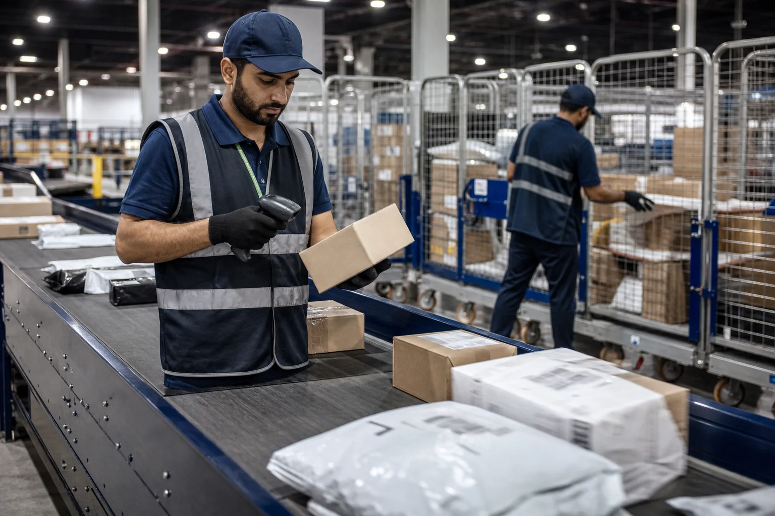 Courier operations specialist scanning parcels at a sorting conveyor