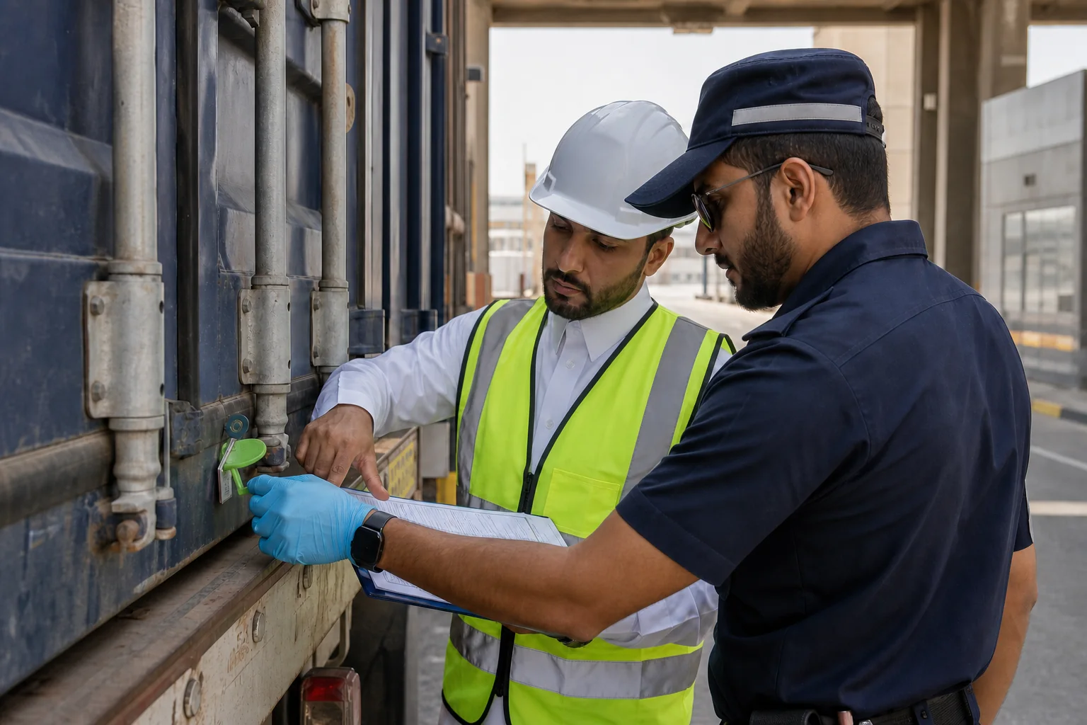 Customs specialists verifying a container seal and shipment documents