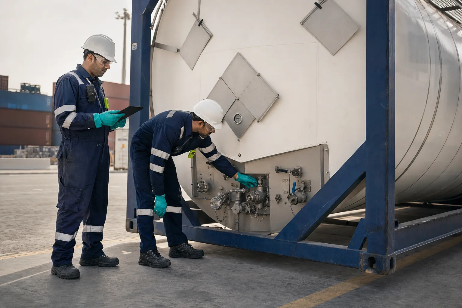 Dangerous-goods specialists inspecting an ISO tank container