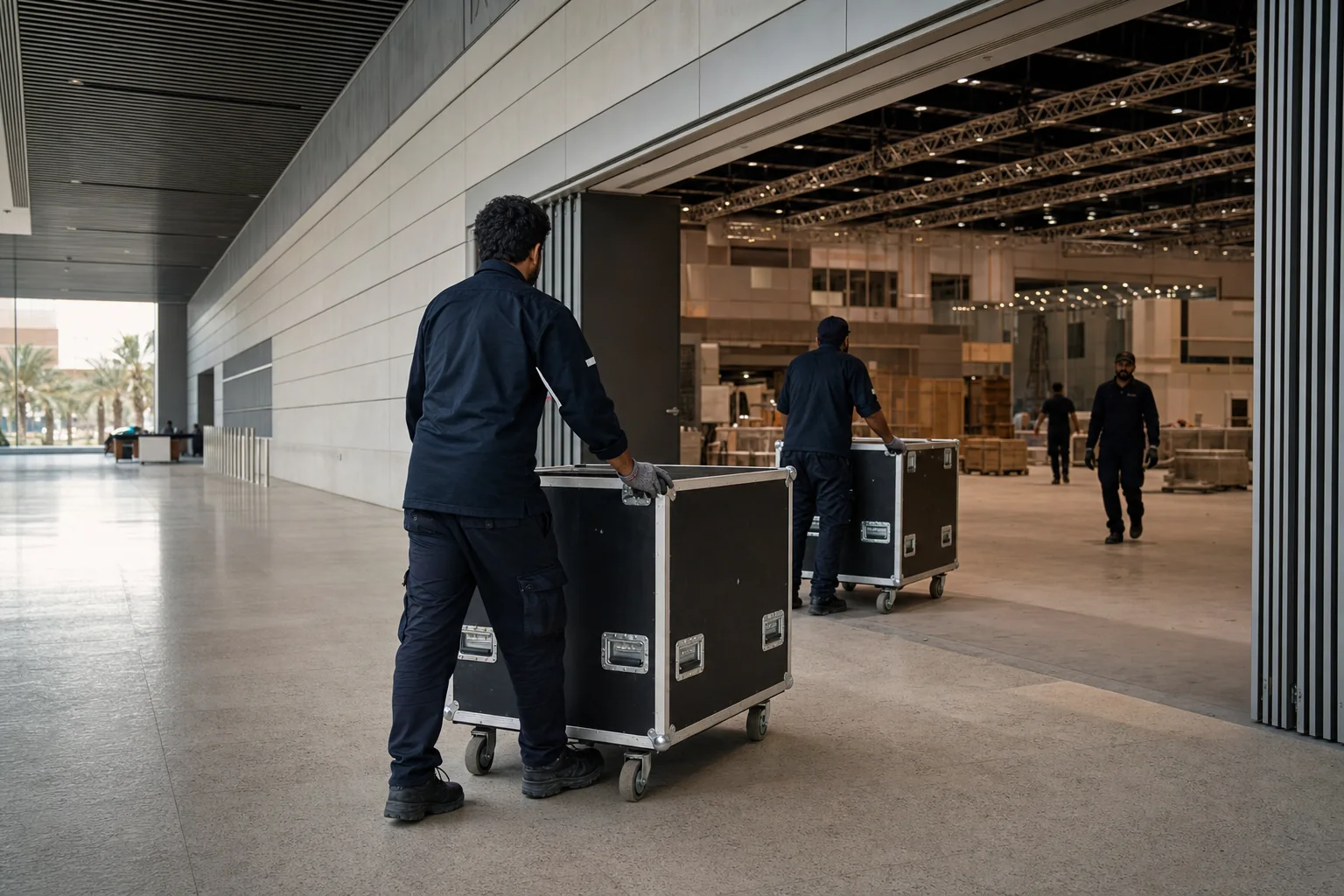 Exhibition logistics crew moving flight cases into a convention centre