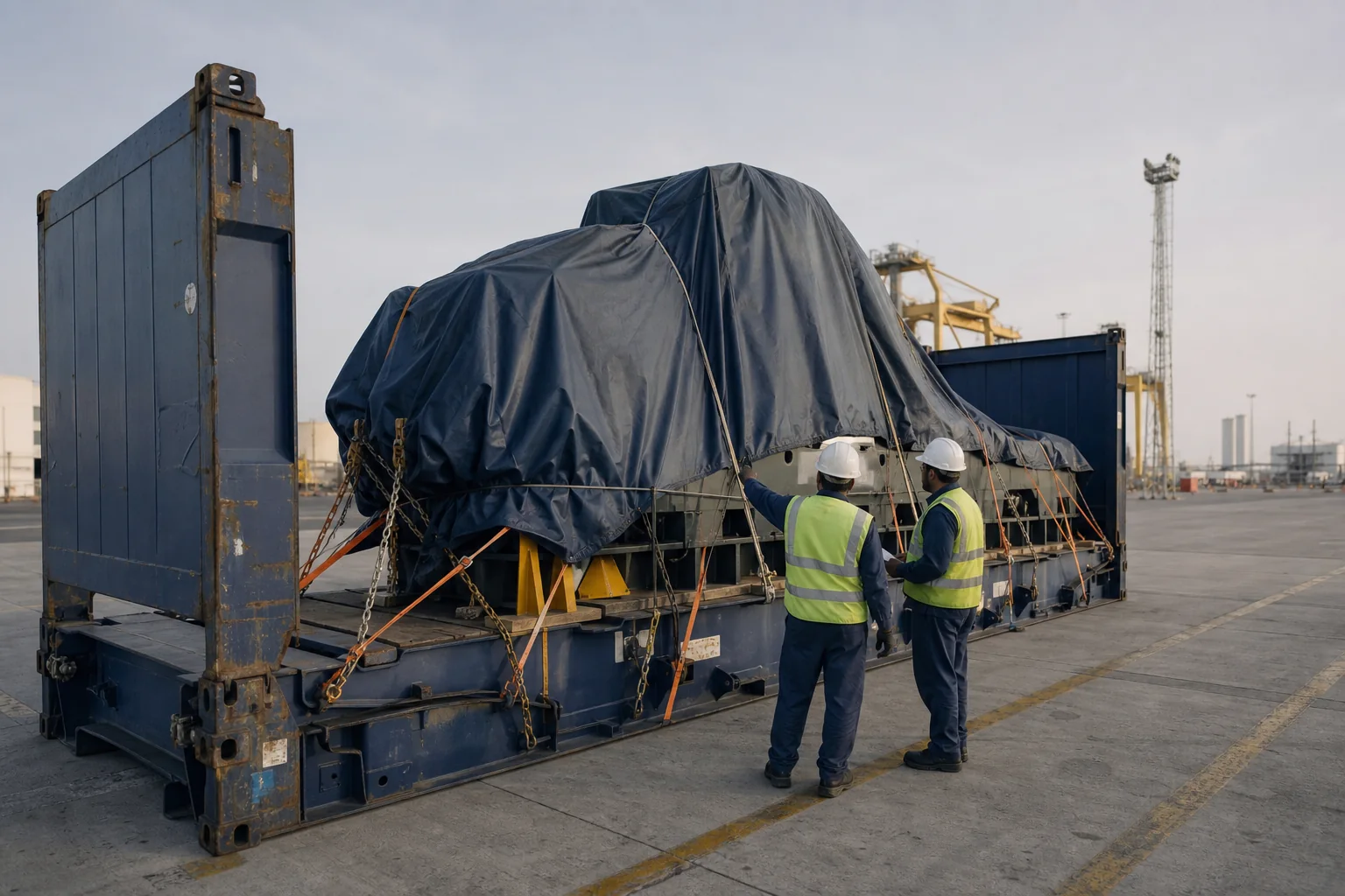 Liner specialists inspecting an oversized load in an open-top container