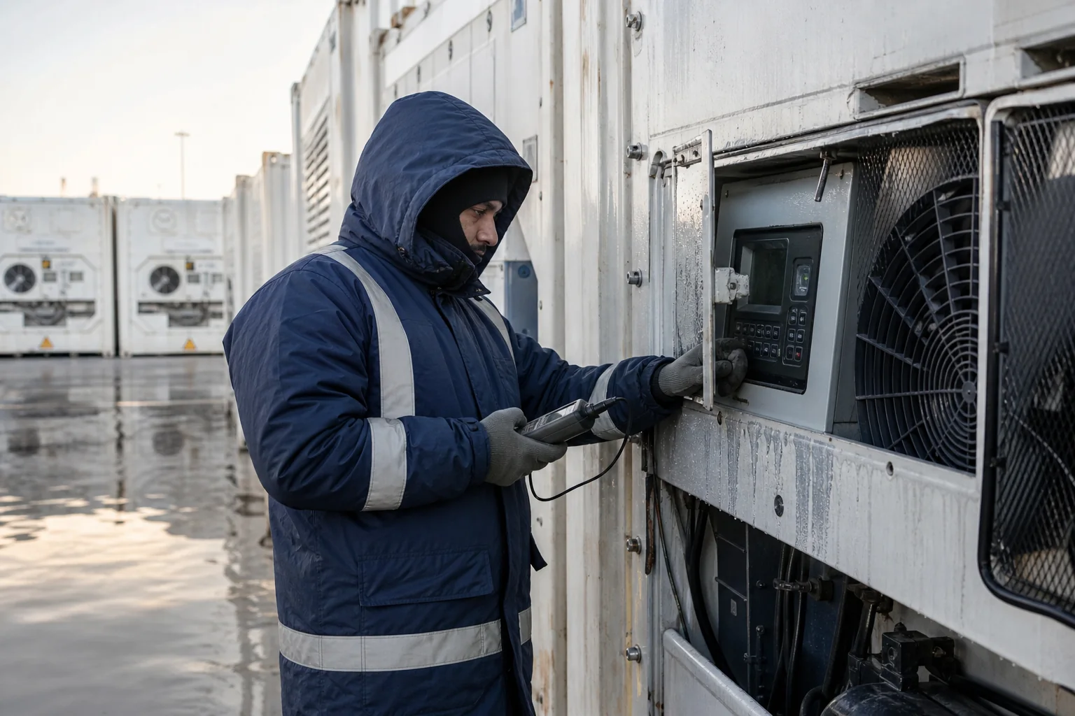 Cold-chain technician checking a refrigerated container control panel