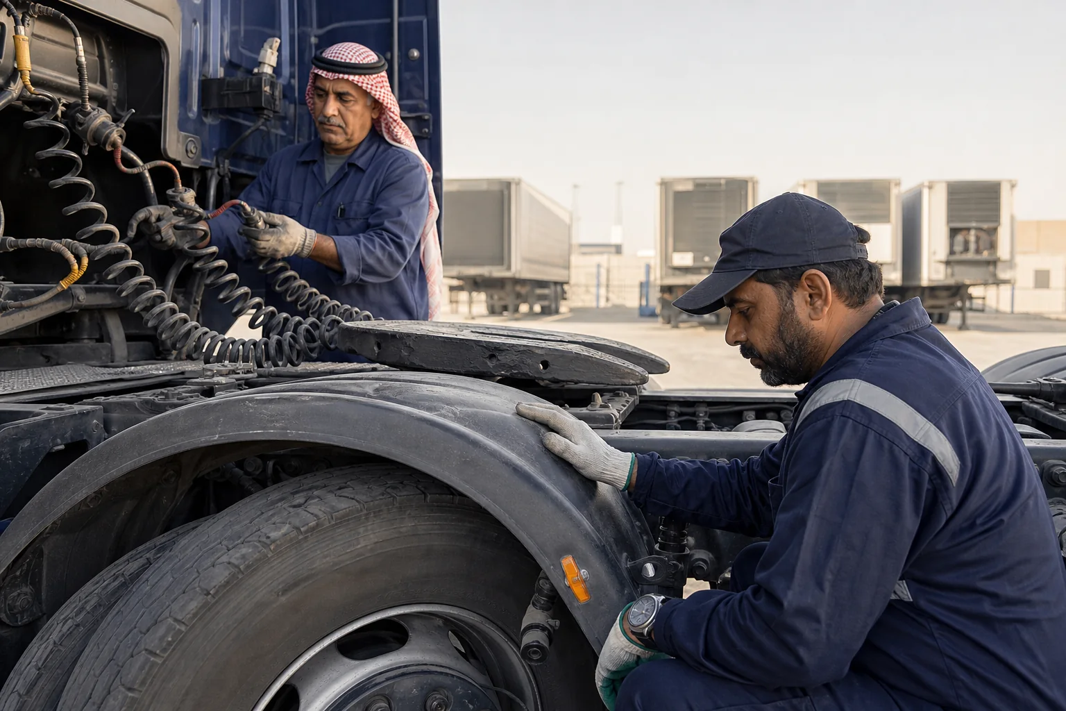 Fleet technicians completing a tractor-trailer safety inspection