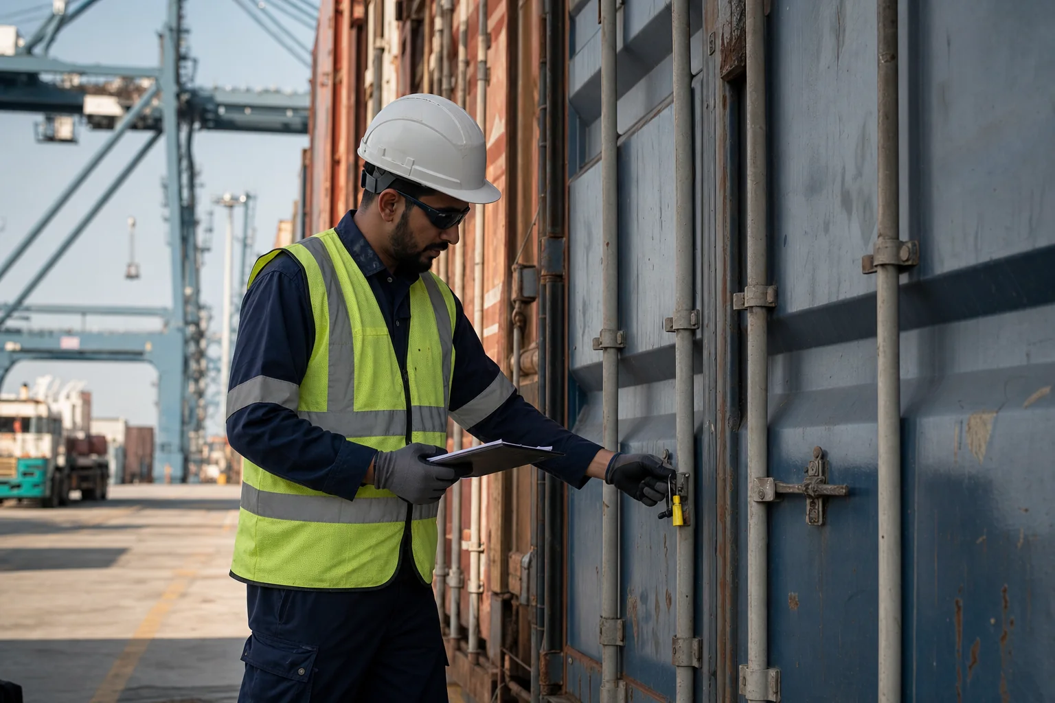 Port specialist inspecting an export container seal at a Gulf terminal