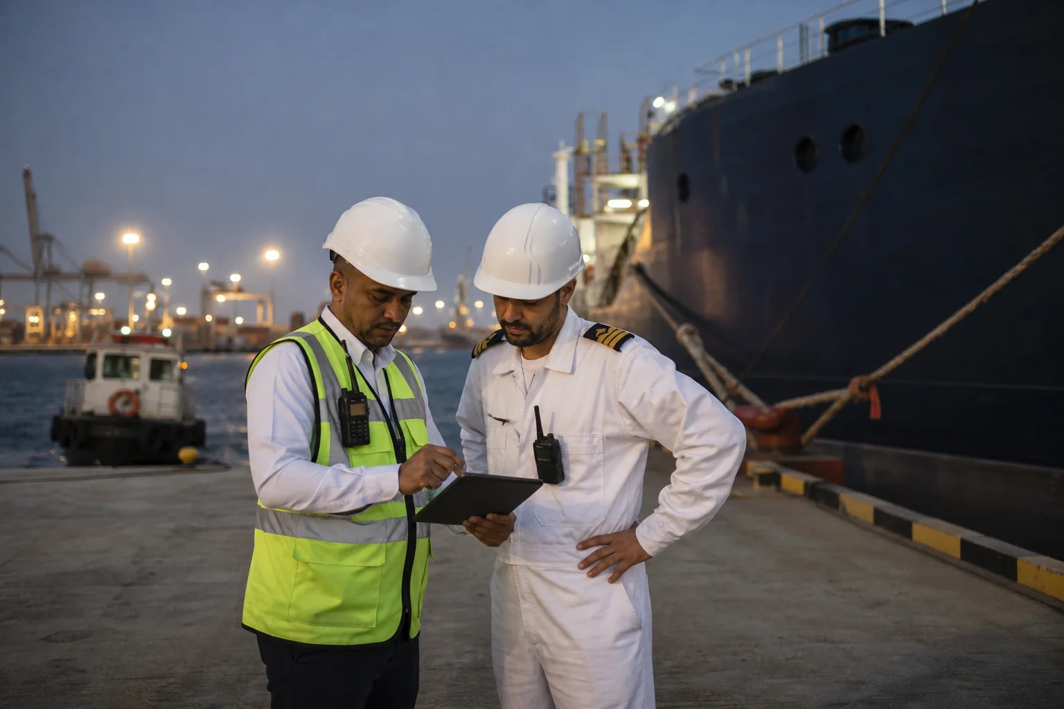 Ship agent and vessel officer reviewing a port call on the quay